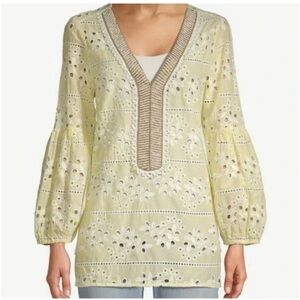 Chicos Women Top Lemon Meringue Bead Embellished Boho Eyelet Peasant blouse